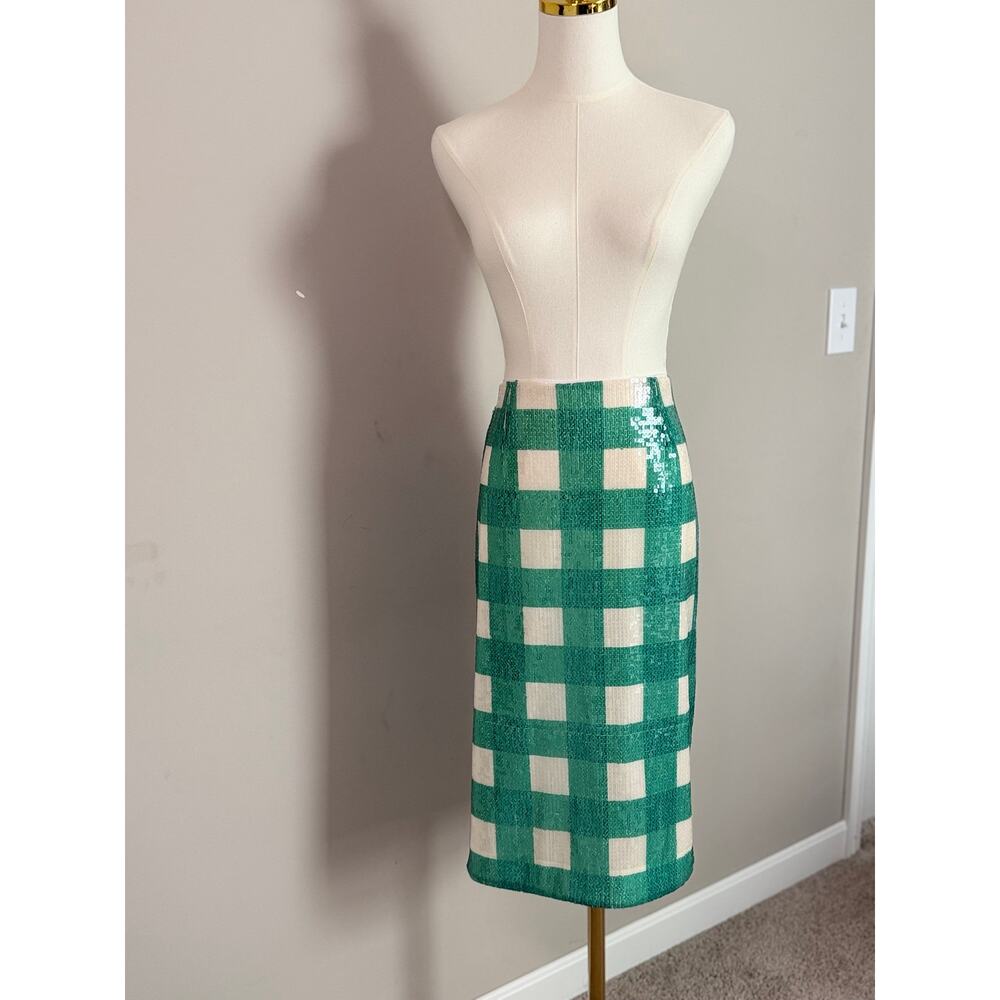 Brooks Brothers Green Gingham Sequin Pencil Skirt Size 8 Midi Party
